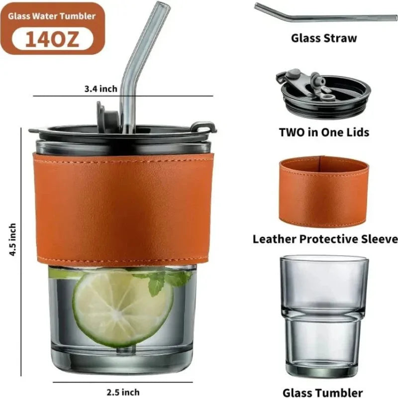 Stylish glass cup with lid and straw